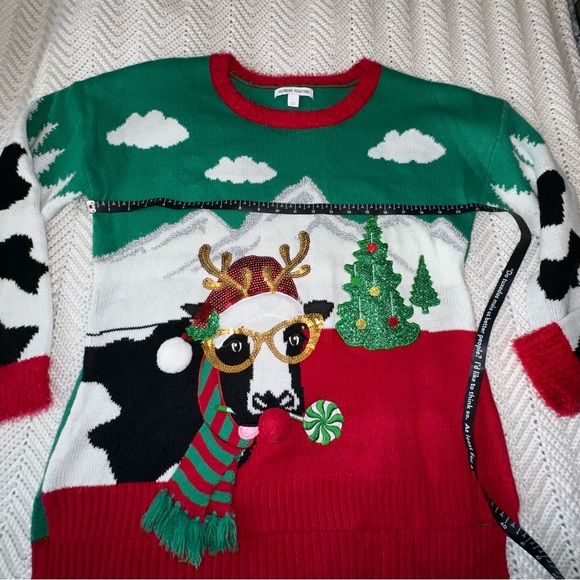 Celebrate Together Green and Red Crew Neck Sweater with Whimsical Design - Picture 5 of 6